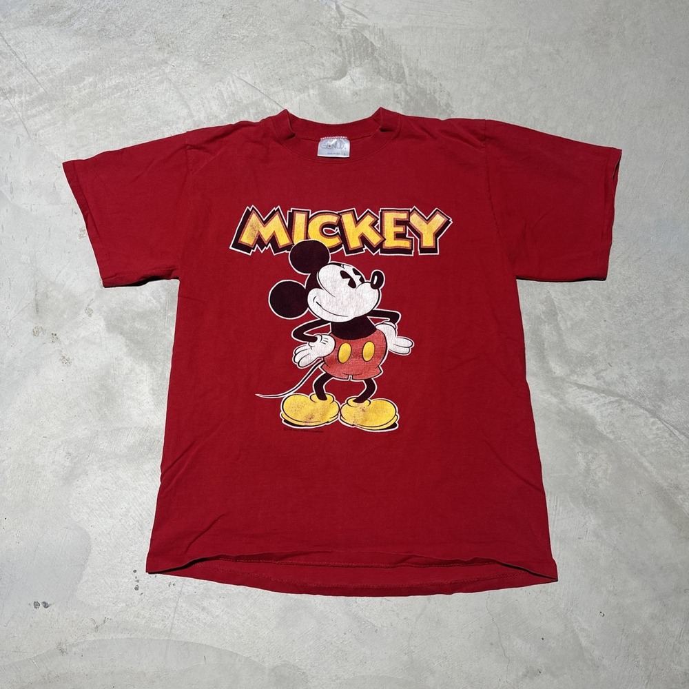 Vintage 80s Disney Mickey Mouse T-Shirt SZ L Genus Red Made in USA Graphic